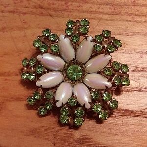 Vintage Green Rhinestone Flower Brooch